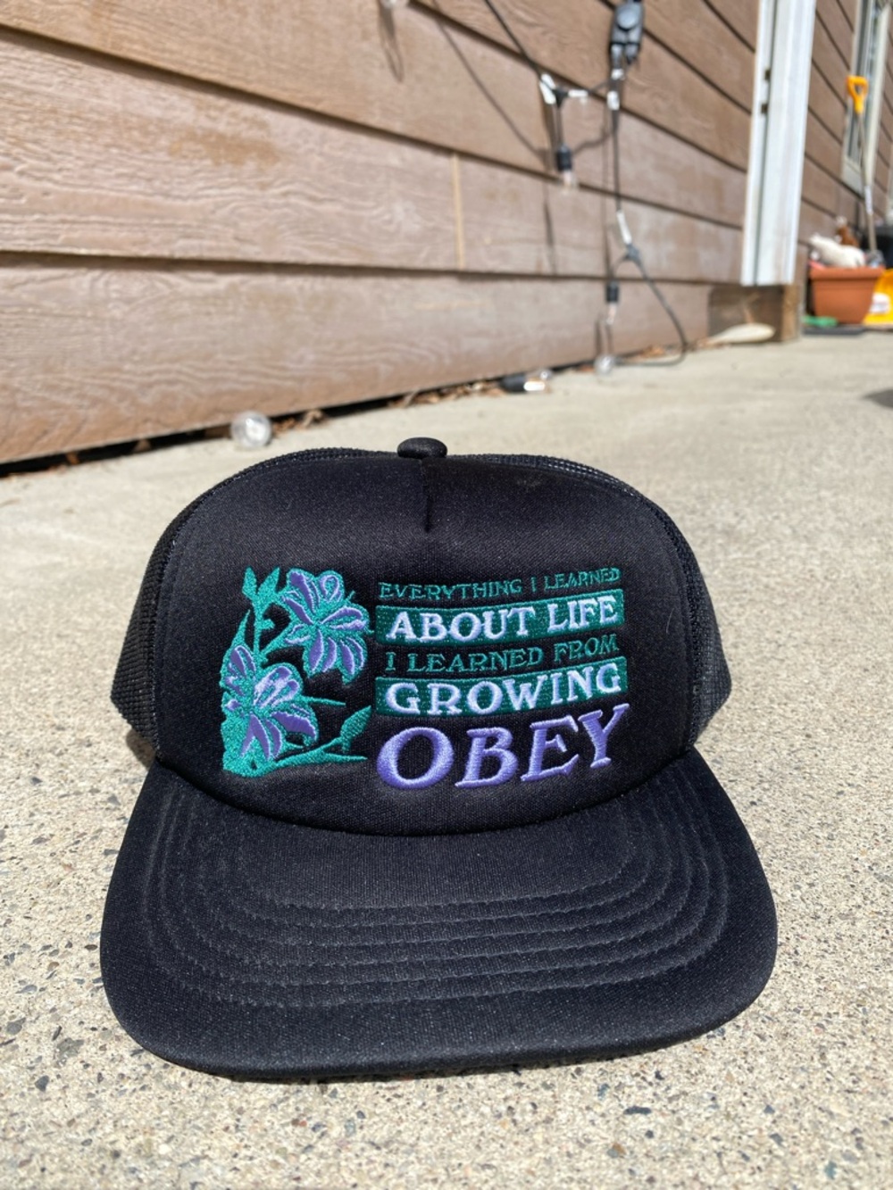 Obey Black Snapback Hat with Teal & Purple Floral Embroidery